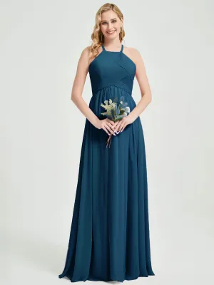 Ink Blue Halter Pleated Keyhole Back Chiffon Floor Length Bridesmaid Dress