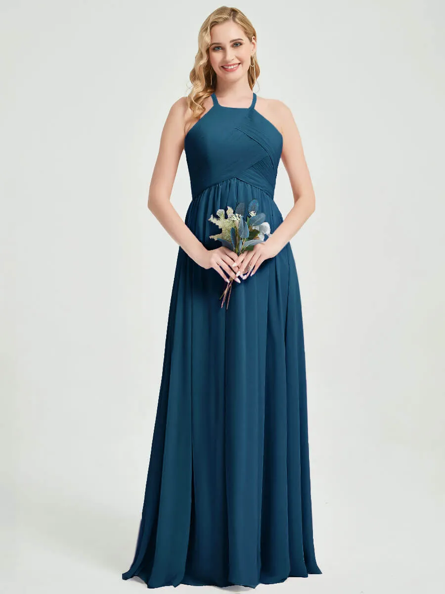 Ink Blue Halter Pleated Keyhole Back Chiffon Floor Length Bridesmaid Dress