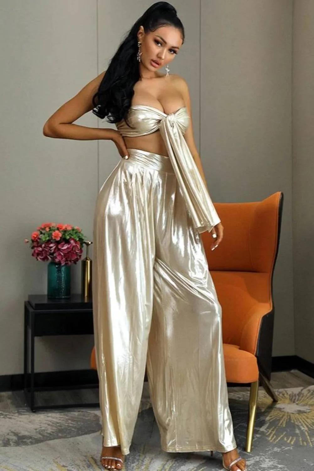 Ivory Strapless Wide Leg Pants Two Piece Set