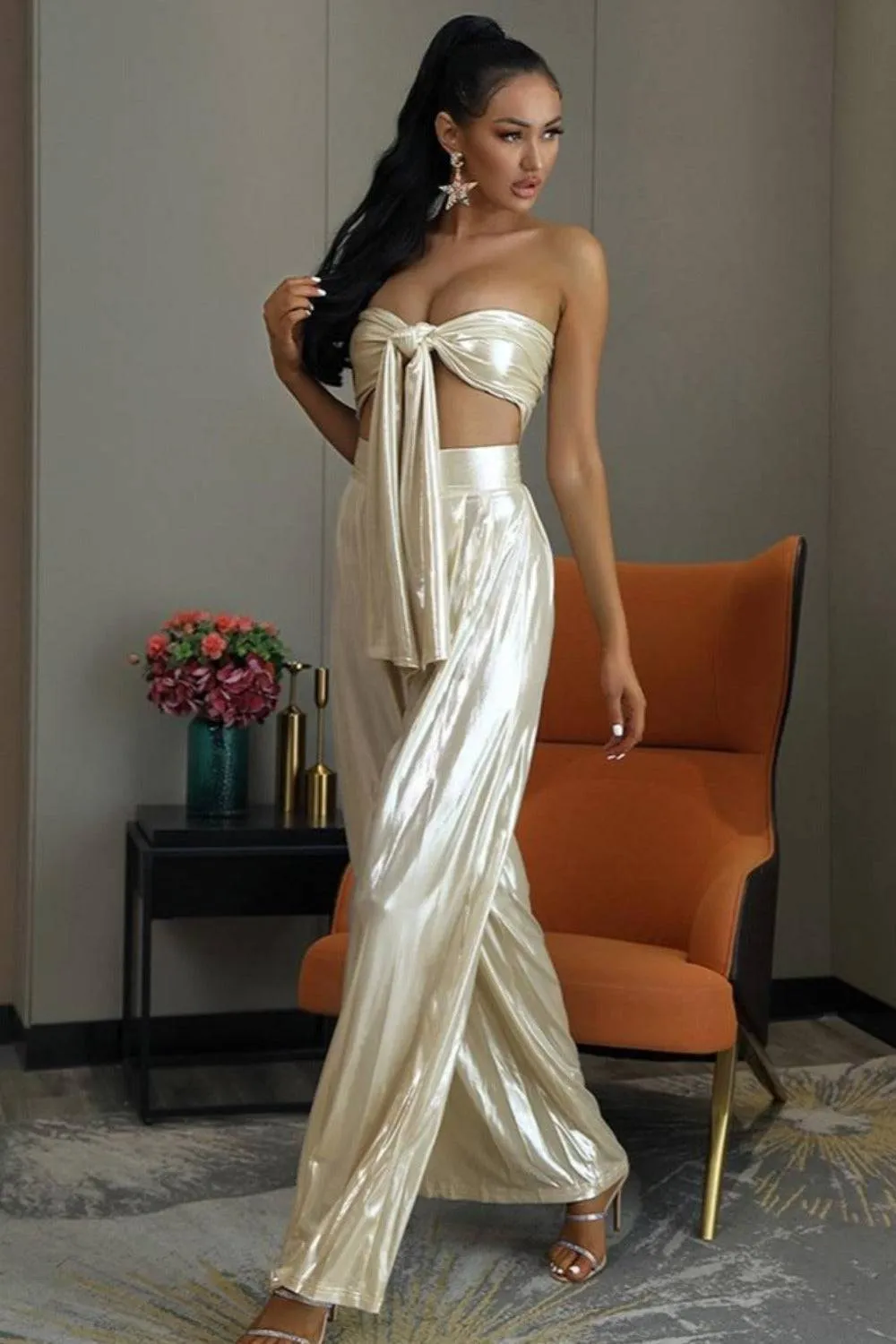 Ivory Strapless Wide Leg Pants Two Piece Set