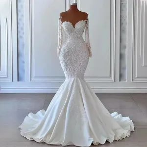 Ivory Wedding Dress Luxury Applique Sheer Tulle Neck Mermaid  Gowns