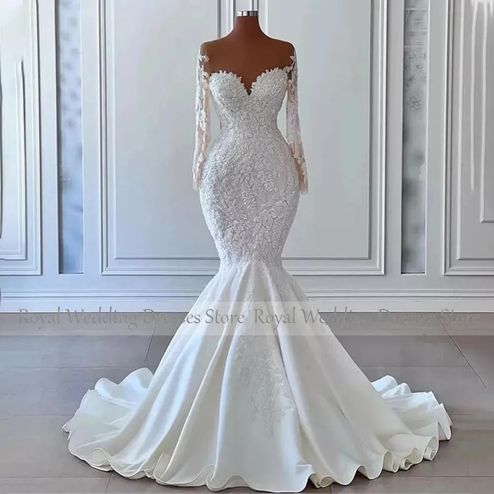 Ivory Wedding Dress Luxury Applique Sheer Tulle Neck Mermaid  Gowns