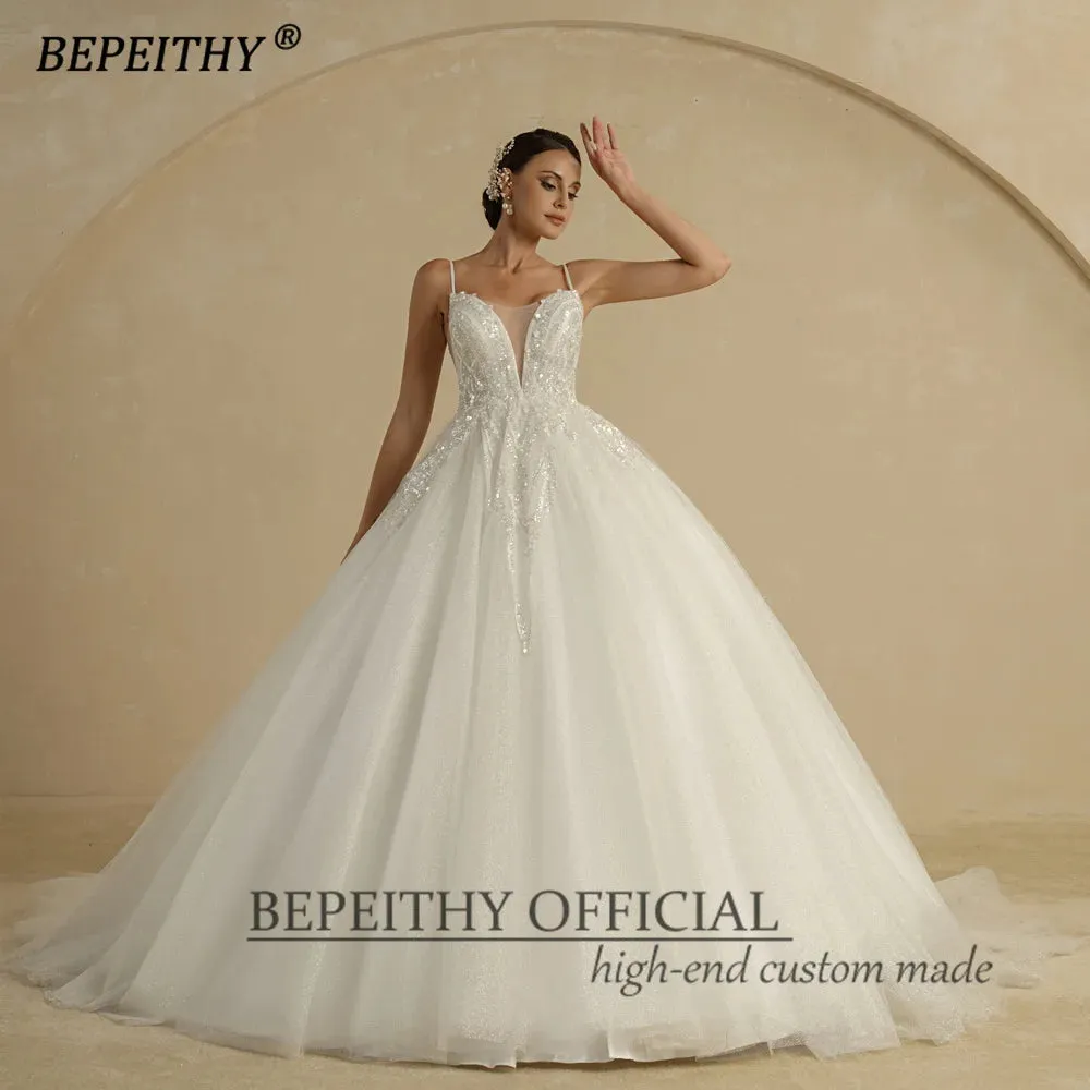 Ivory Wedding Dresses For Women Spaghetti Straps V Neck Court Train