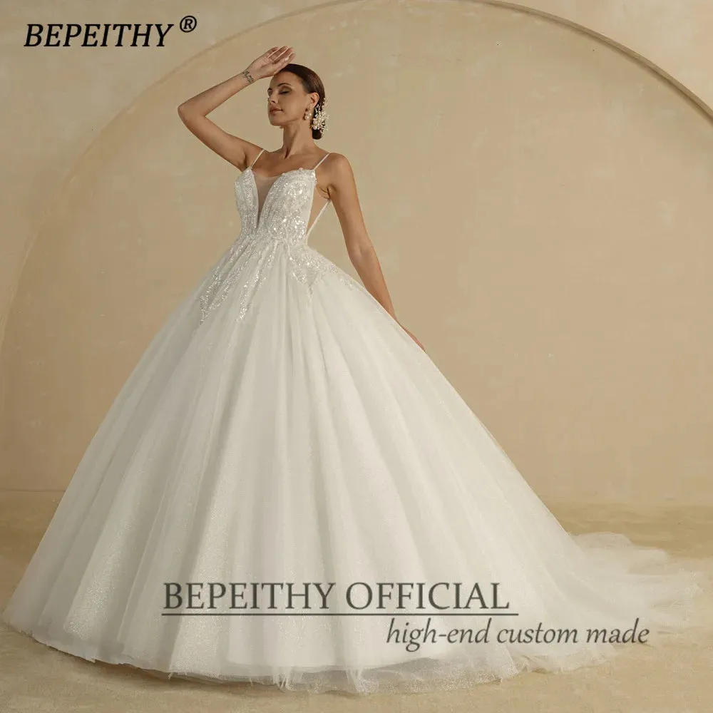 Ivory Wedding Dresses For Women Spaghetti Straps V Neck Court Train