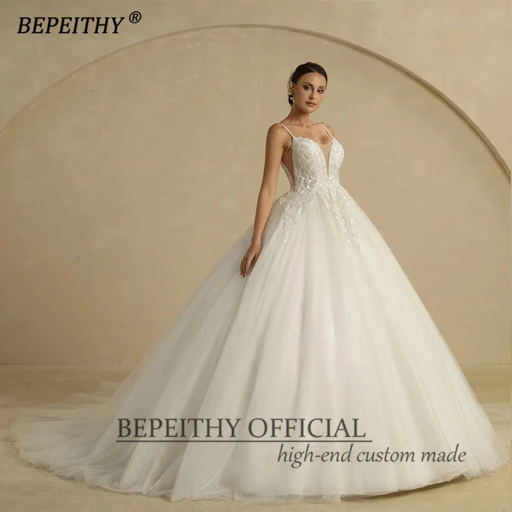Ivory Wedding Dresses For Women Spaghetti Straps V Neck Court Train
