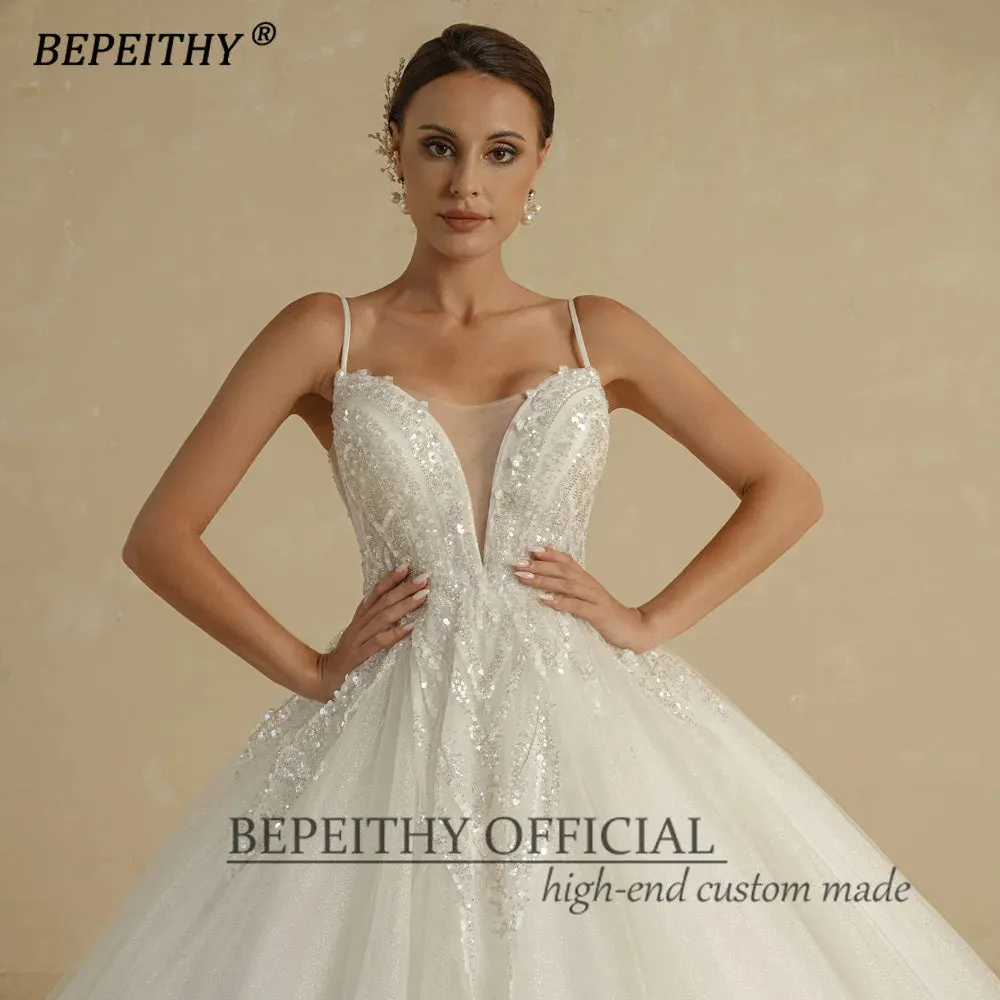 Ivory Wedding Dresses For Women Spaghetti Straps V Neck Court Train