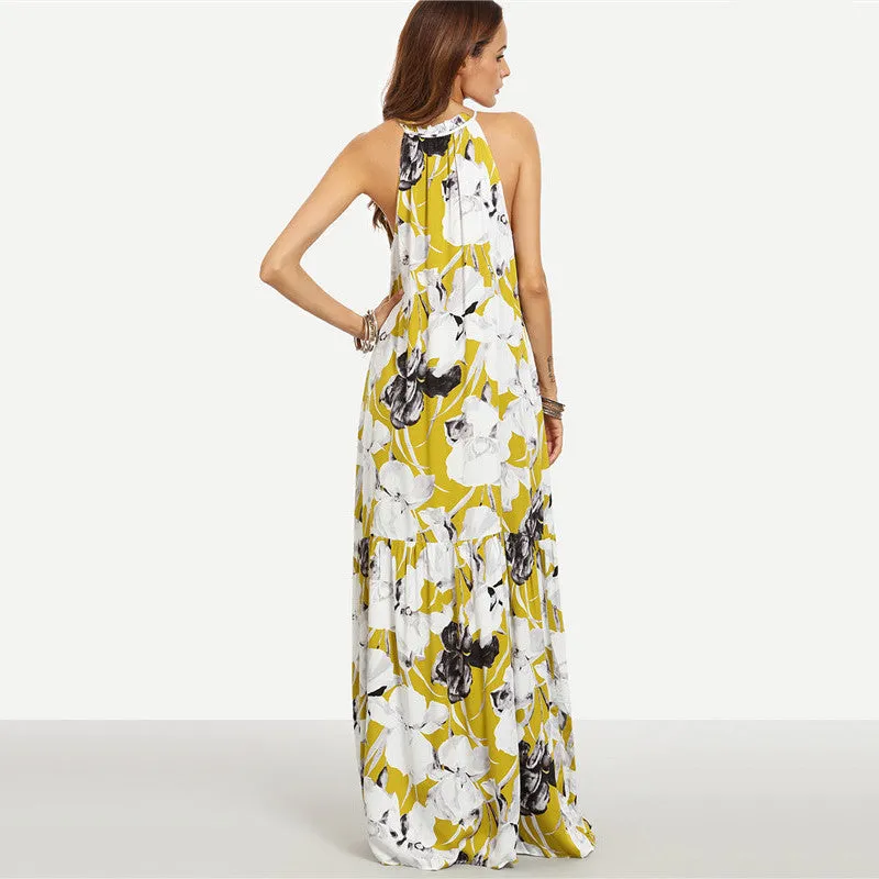 Kathy Yellow Floral Print Long Maxi Dress