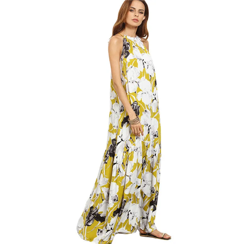Kathy Yellow Floral Print Long Maxi Dress