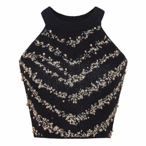 Knitted Halter Cropped Tops for Women Knit Tank Tops With Nail beads