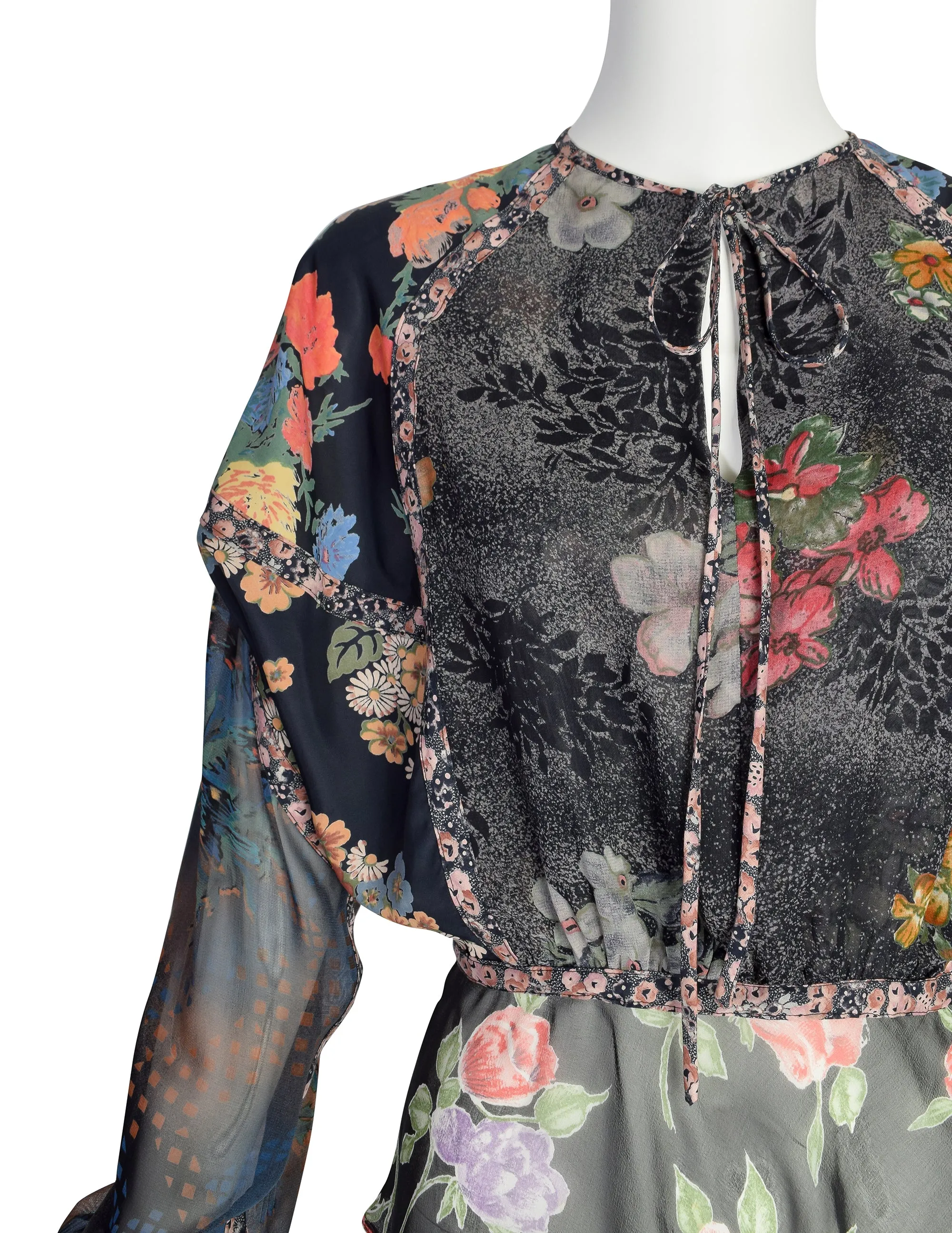 Koos van den Akker Vintage Patchwork Mixed Floral Silk Chiffon Shirt
