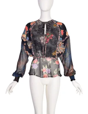 Koos van den Akker Vintage Patchwork Mixed Floral Silk Chiffon Shirt