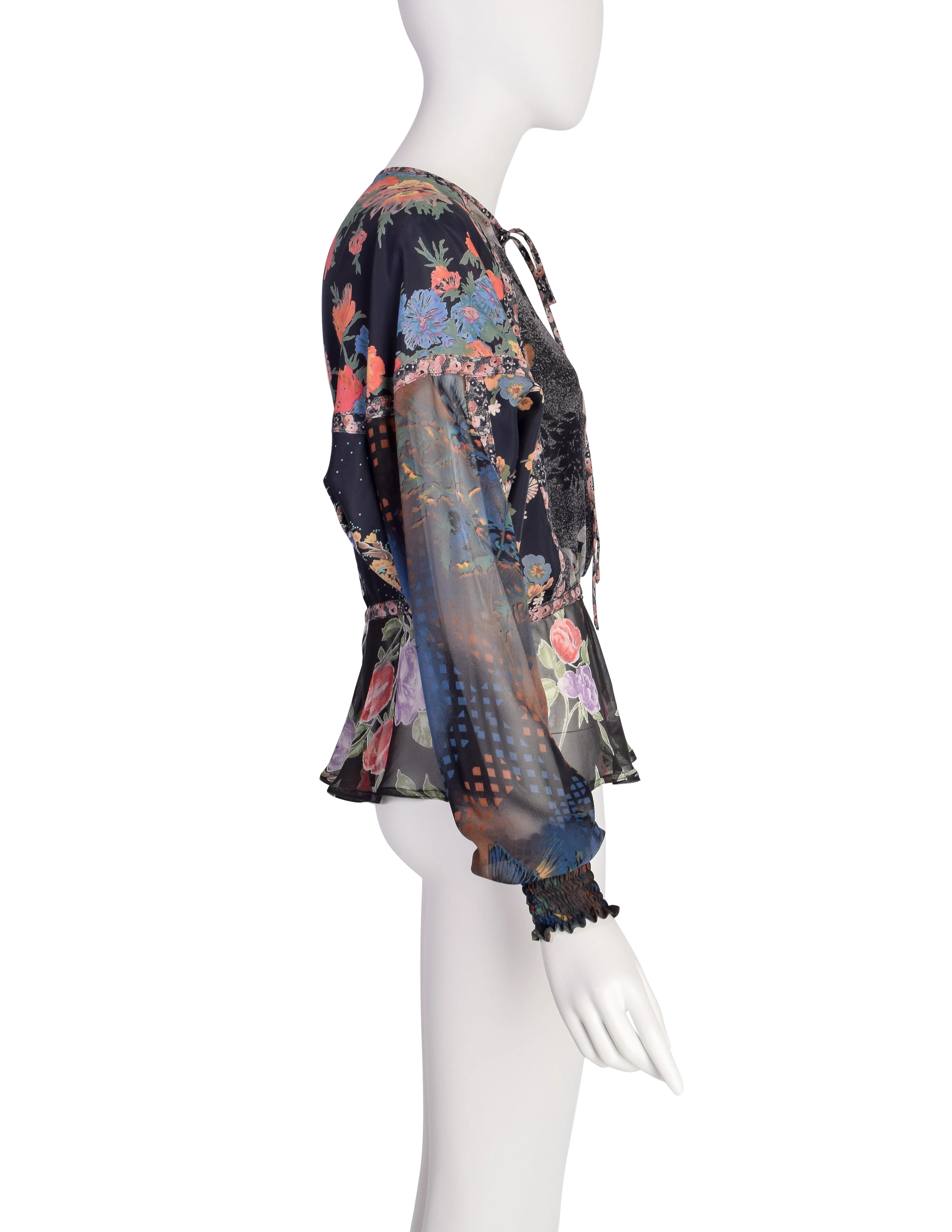 Koos van den Akker Vintage Patchwork Mixed Floral Silk Chiffon Shirt