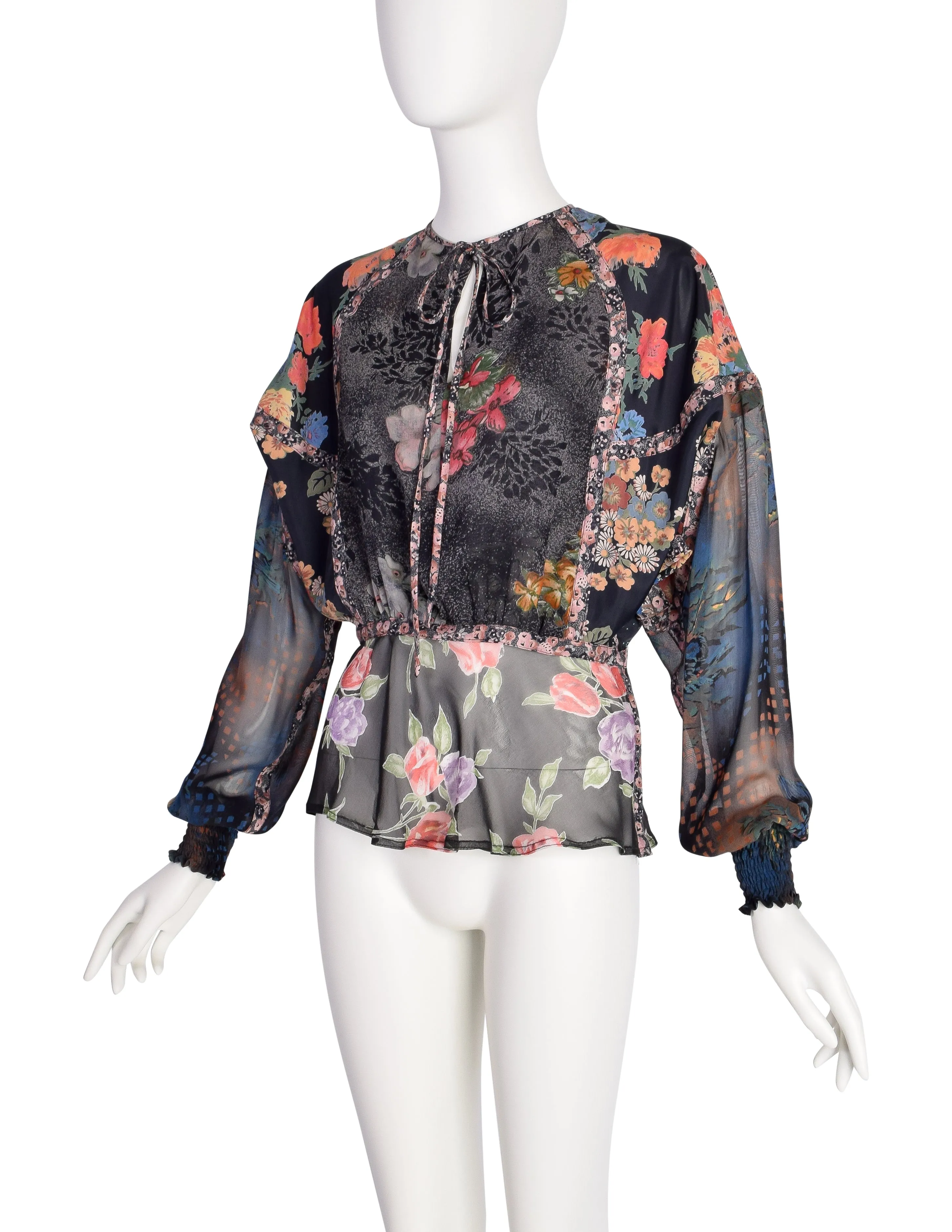 Koos van den Akker Vintage Patchwork Mixed Floral Silk Chiffon Shirt