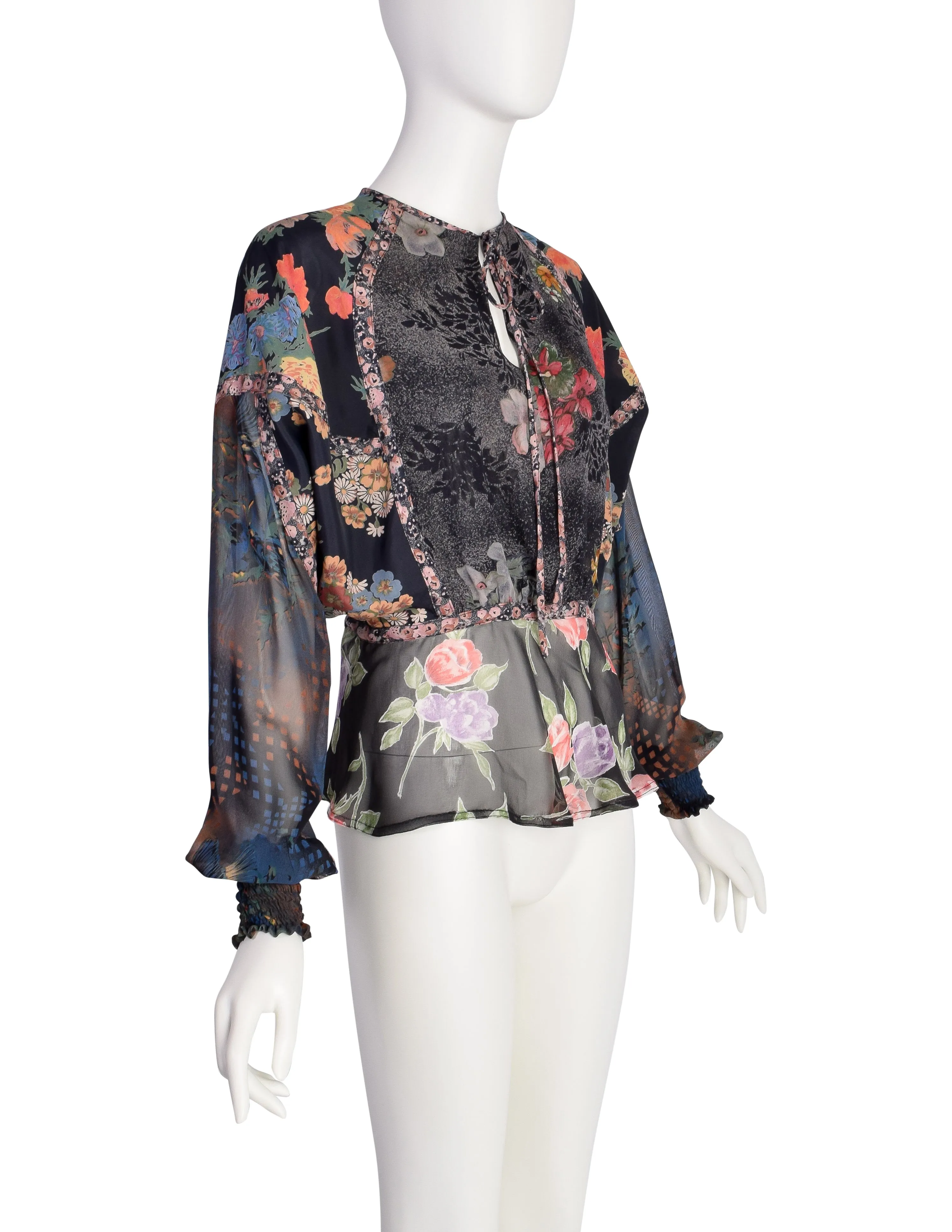 Koos van den Akker Vintage Patchwork Mixed Floral Silk Chiffon Shirt