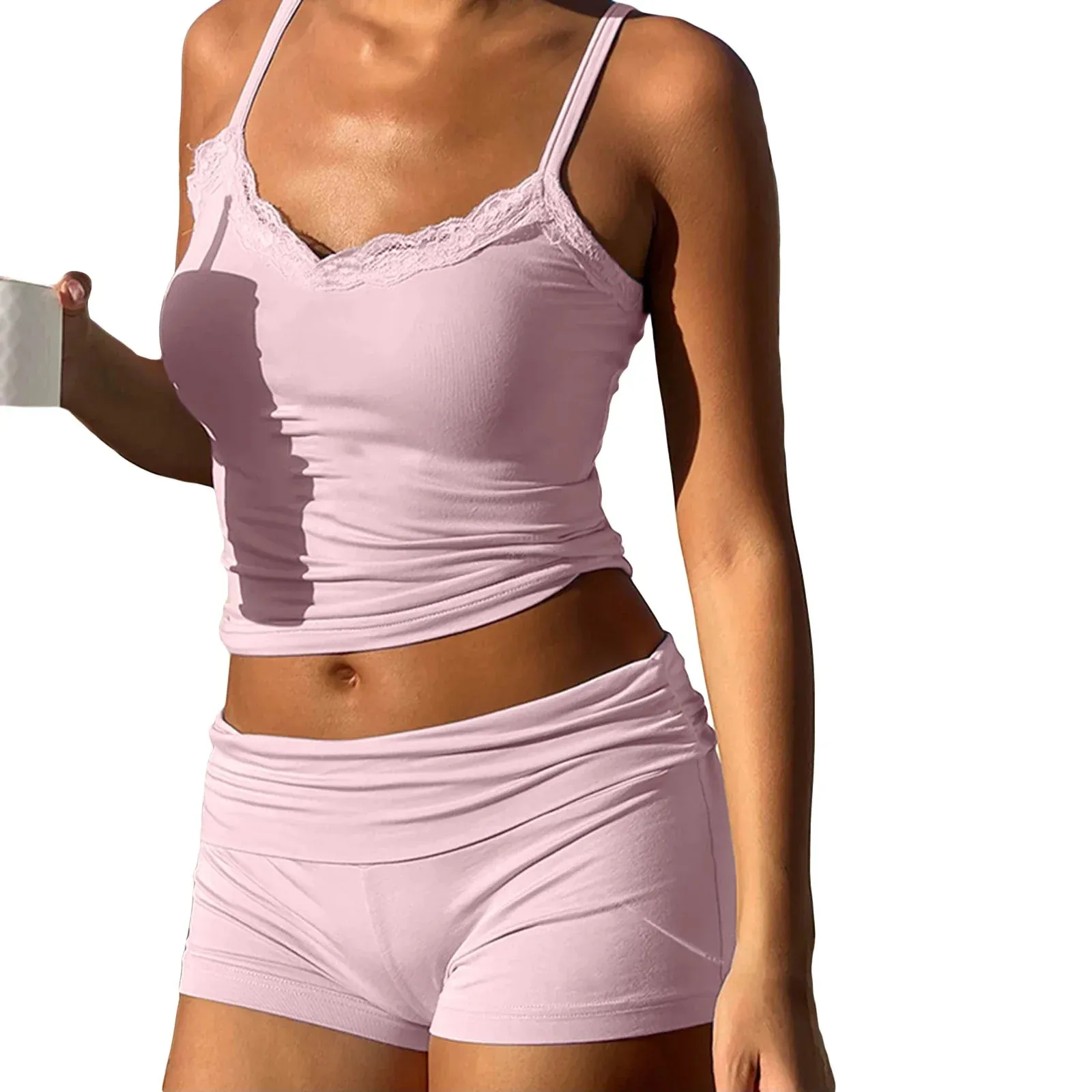 Lace Trim Cami Tops Shorts Y2K Sexy Summer Sleeveless Pajamas