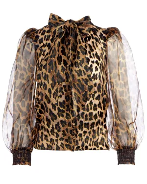 Leopard Brentley Tie Neck Blouson Sleeve Blouse