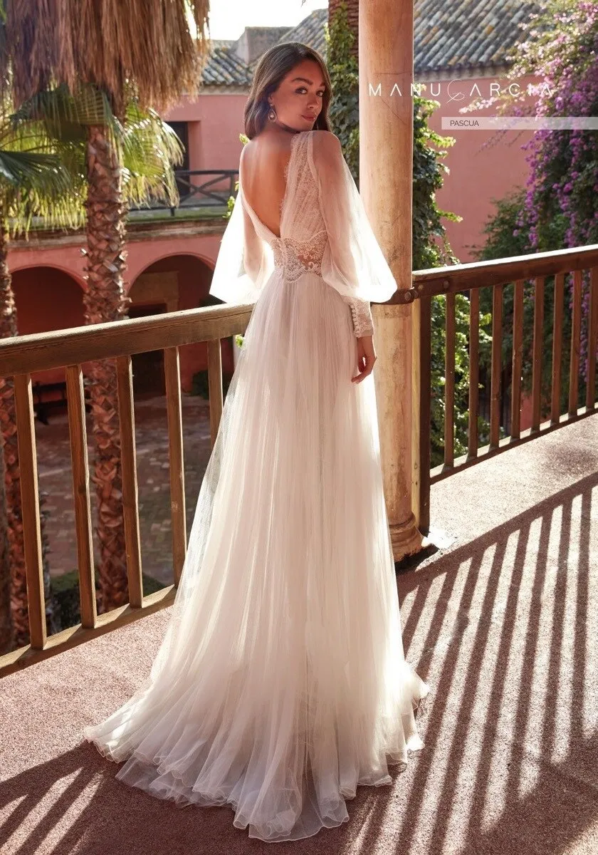 long-sleeved wedding dress wish long V-neck lace mesh long dress