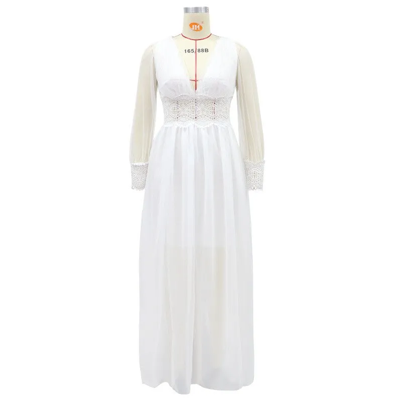 long-sleeved wedding dress wish long V-neck lace mesh long dress