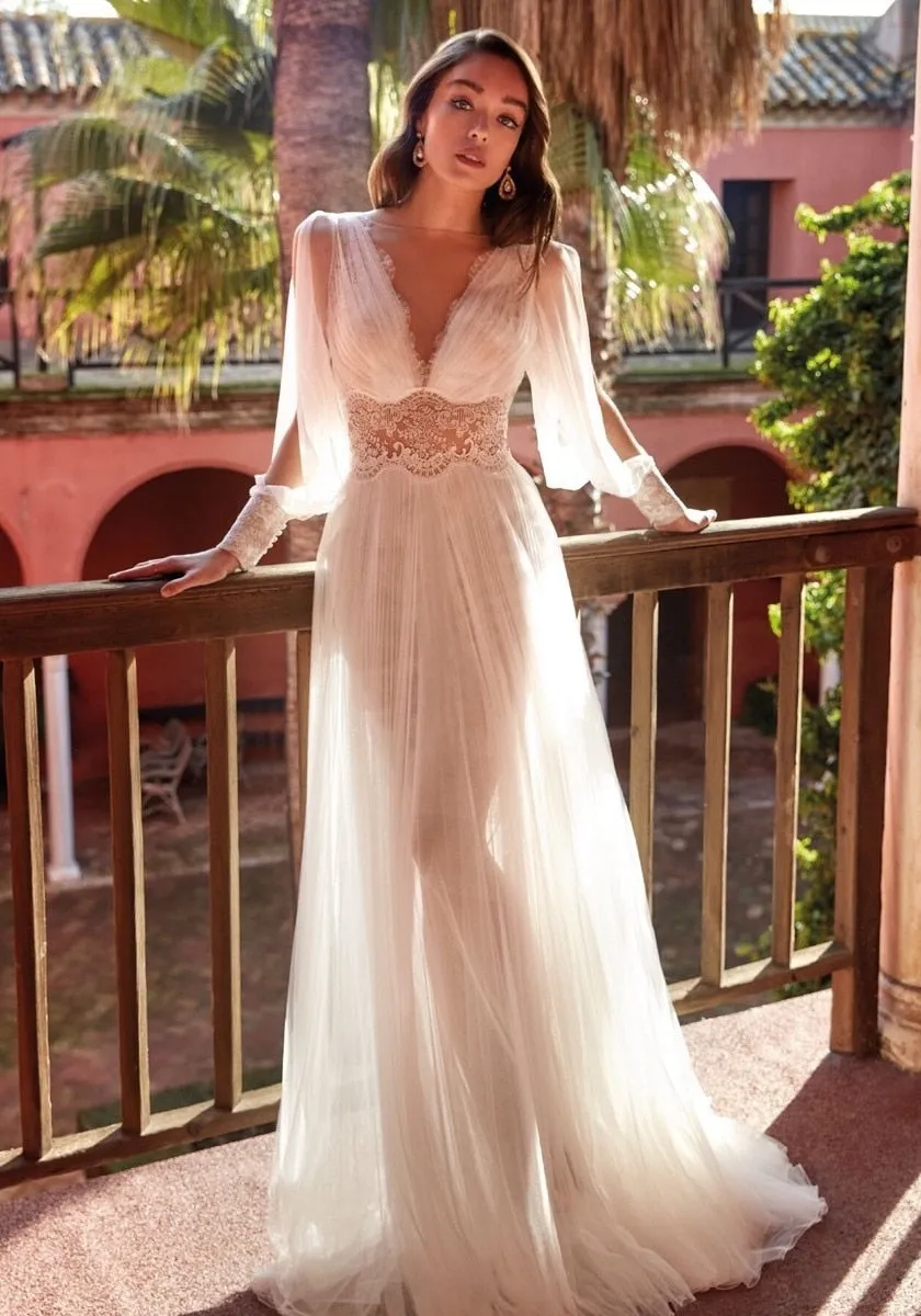 long-sleeved wedding dress wish long V-neck lace mesh long dress