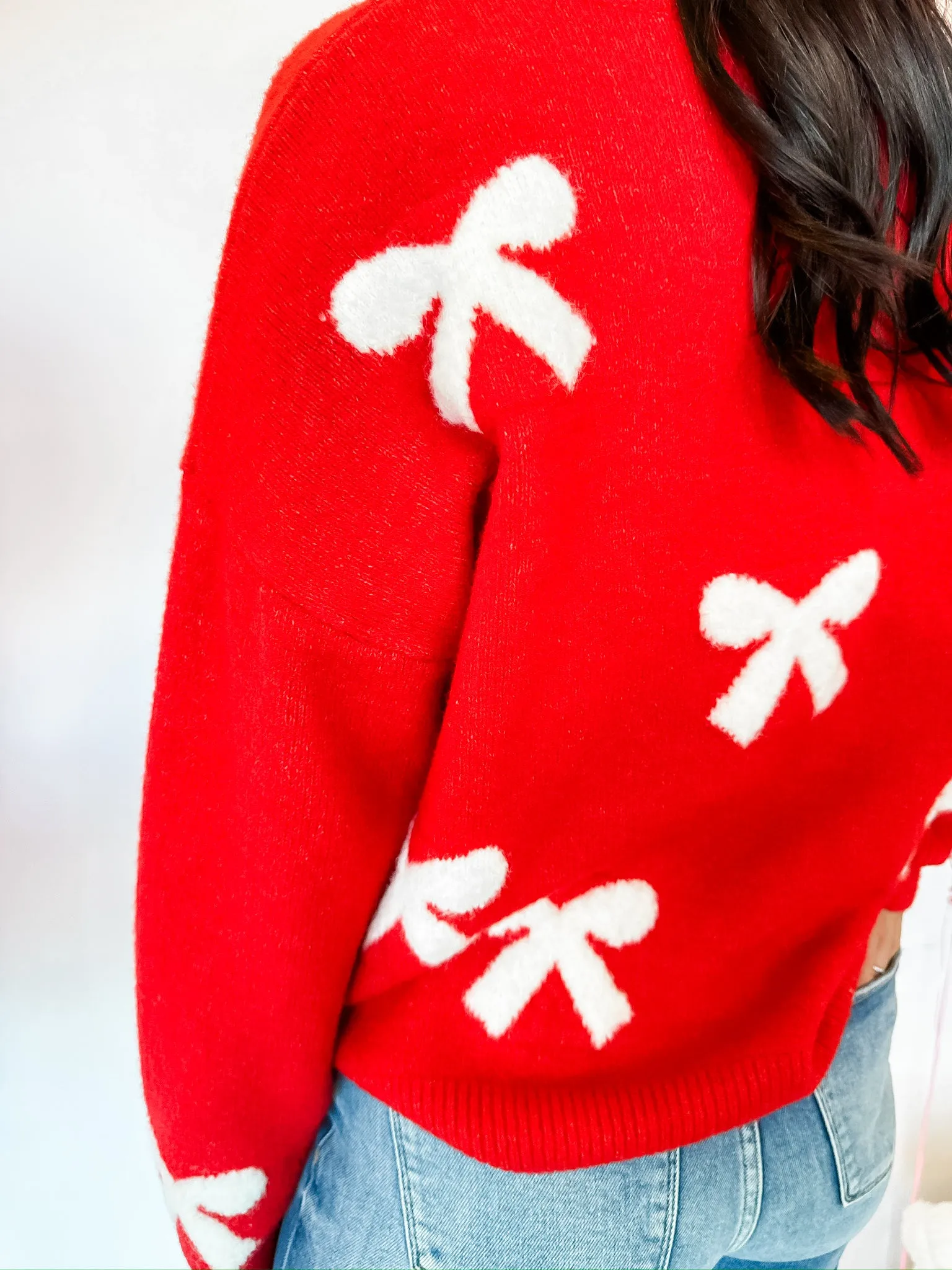 Lyla Velvet Bow Knit Sweater - Red/Ivory