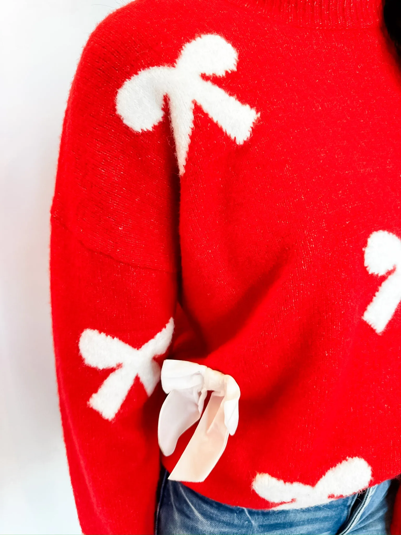 Lyla Velvet Bow Knit Sweater - Red/Ivory