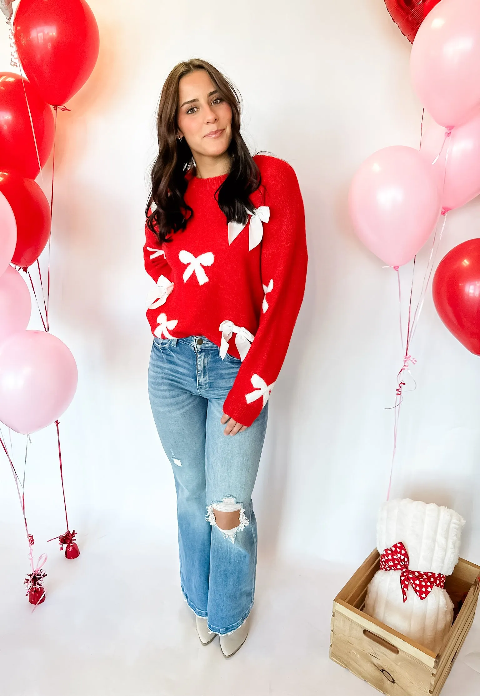 Lyla Velvet Bow Knit Sweater - Red/Ivory