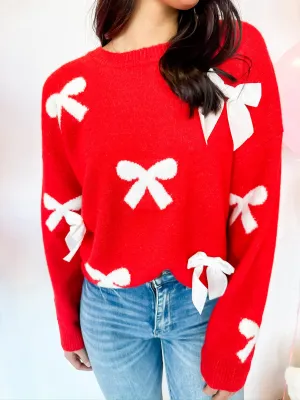 Lyla Velvet Bow Knit Sweater - Red/Ivory