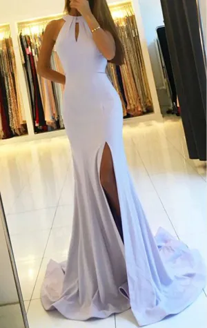 MACloth Halter Mermaid Jersey Long Prom Dress with Open Back Sky Blue Formal Evening Gown