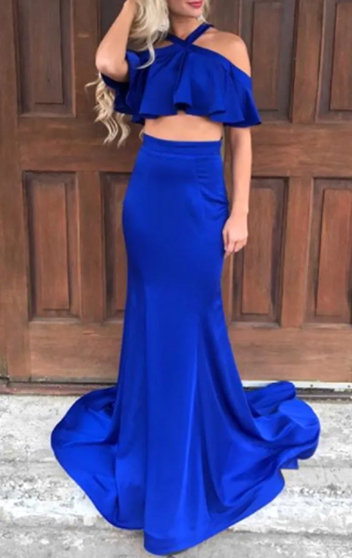MACloth Halter Off the Shoulder Mermaid Long Prom Dress Royal Blue Formal Evening Gown 10633