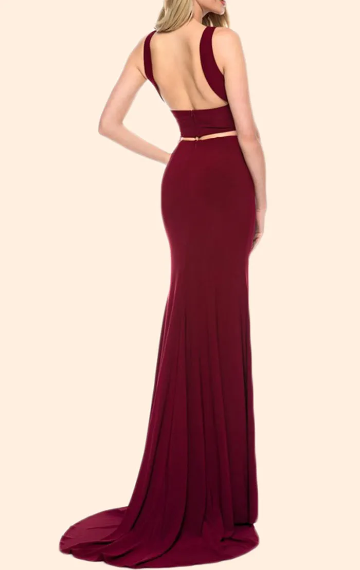 MACloth Halter two Piece Mermaid Long Prom Dress Burgundy Formal Evening Gown