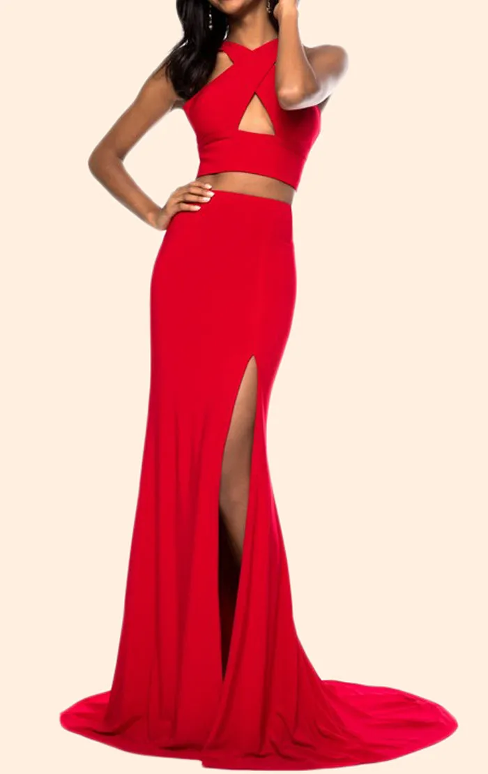 MACloth Halter two Piece Mermaid Long Prom Dress Burgundy Formal Evening Gown