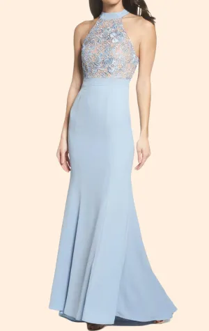 MACloth Mermaid Halter Lace Jersey Long Prom Dress Sky Blue Formal Evening Gown