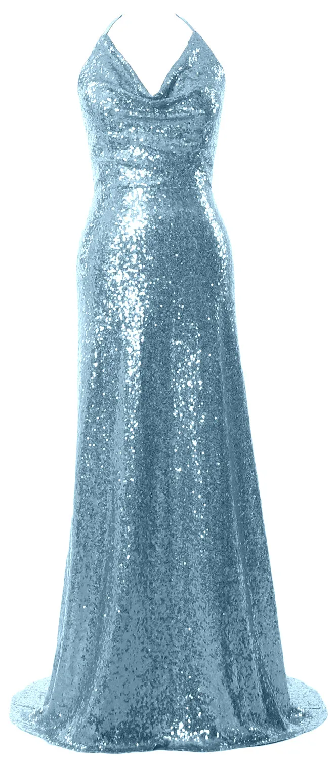 MACloth Women Halter Long Sequin Bridesmaid Dresses Party Evening Gown Maxi