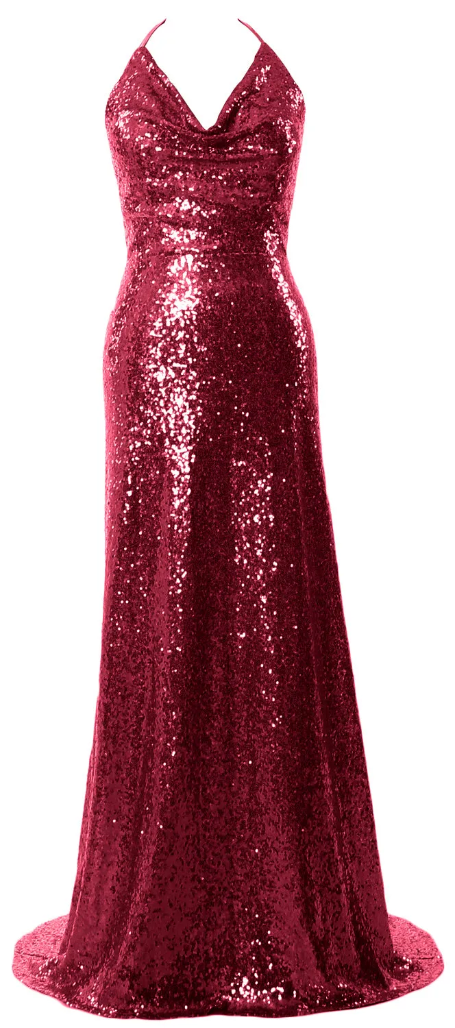 MACloth Women Halter Long Sequin Bridesmaid Dresses Party Evening Gown Maxi