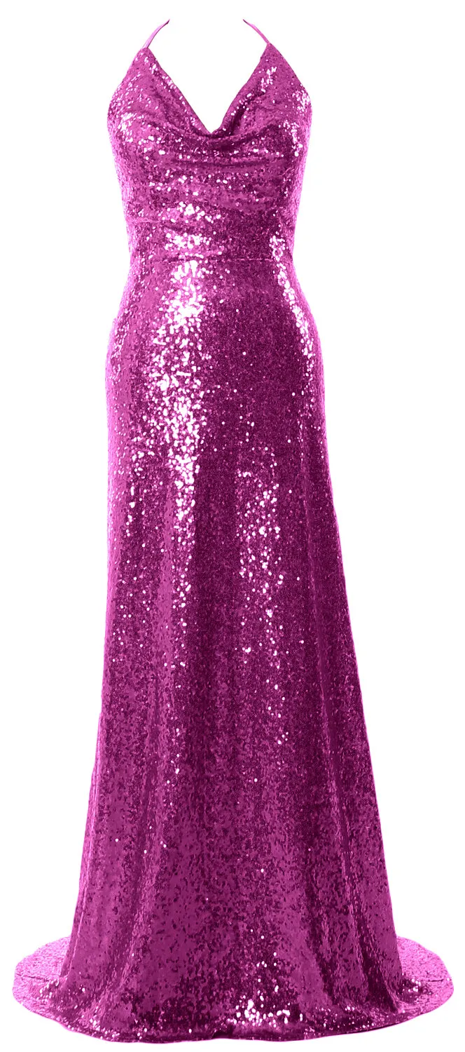 MACloth Women Halter Long Sequin Bridesmaid Dresses Party Evening Gown Maxi