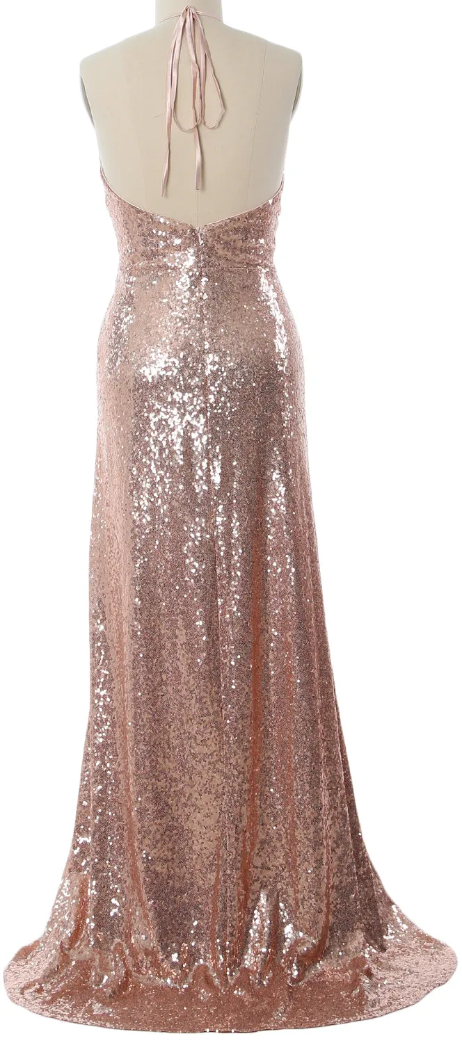 MACloth Women Halter Long Sequin Bridesmaid Dresses Party Evening Gown Maxi