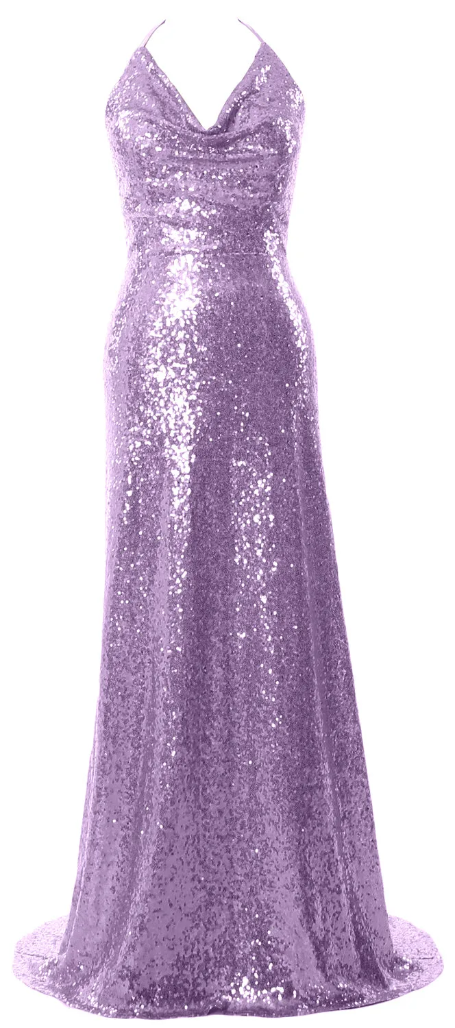 MACloth Women Halter Long Sequin Bridesmaid Dresses Party Evening Gown Maxi