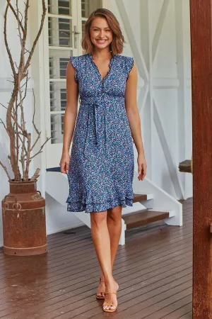Maggie Navy Blue/Purple Floral Midi Dress