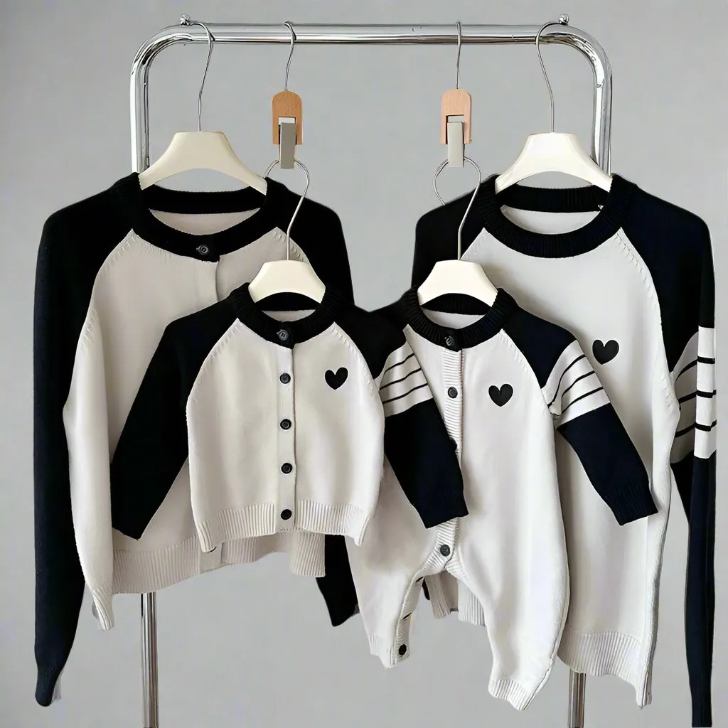 Matching Family Heart Embroidery Cardigans  Cream and Red Knit Sweaters for Parents and Kids