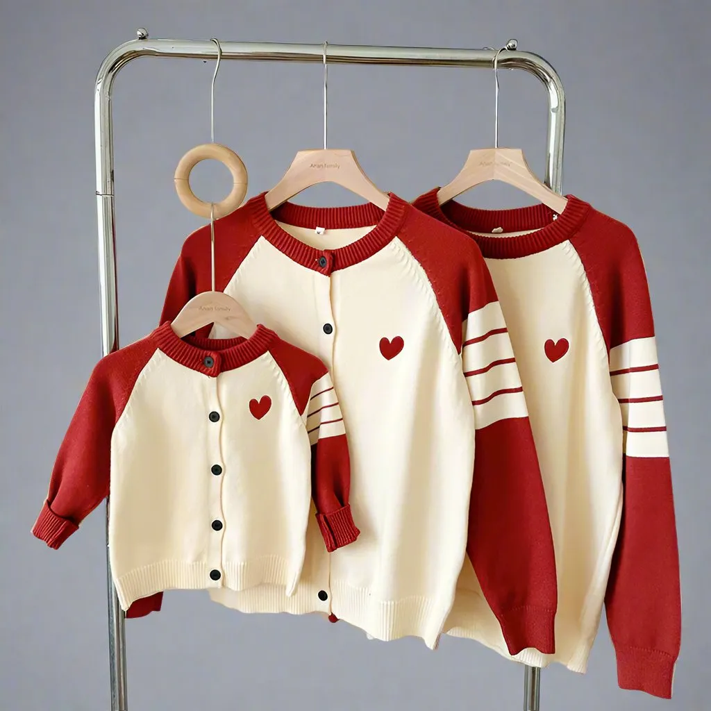 Matching Family Heart Embroidery Cardigans  Cream and Red Knit Sweaters for Parents and Kids