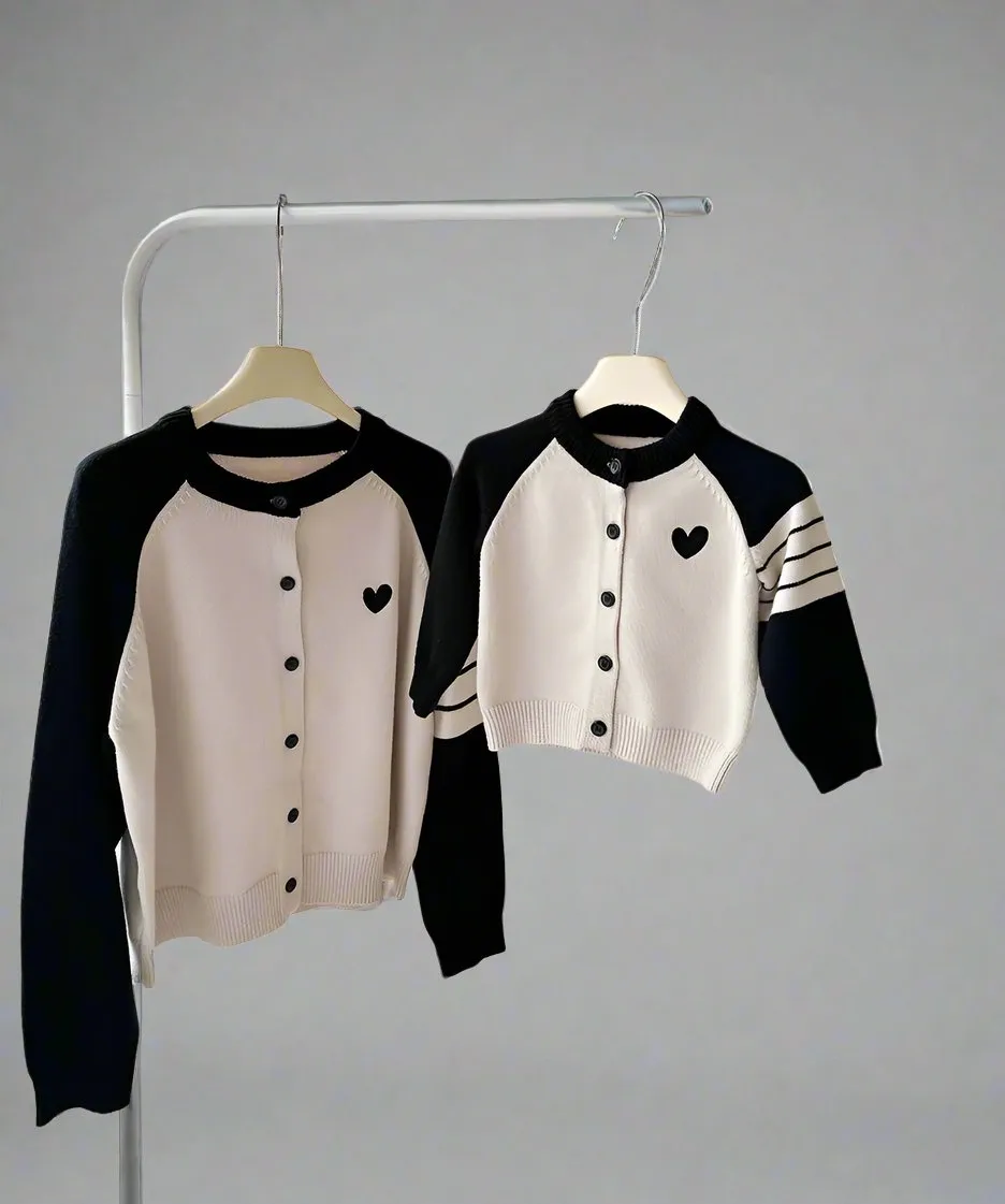 Matching Family Heart Embroidery Cardigans  Cream and Red Knit Sweaters for Parents and Kids