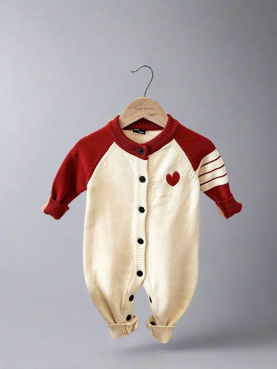 Matching Family Heart Embroidery Cardigans  Cream and Red Knit Sweaters for Parents and Kids