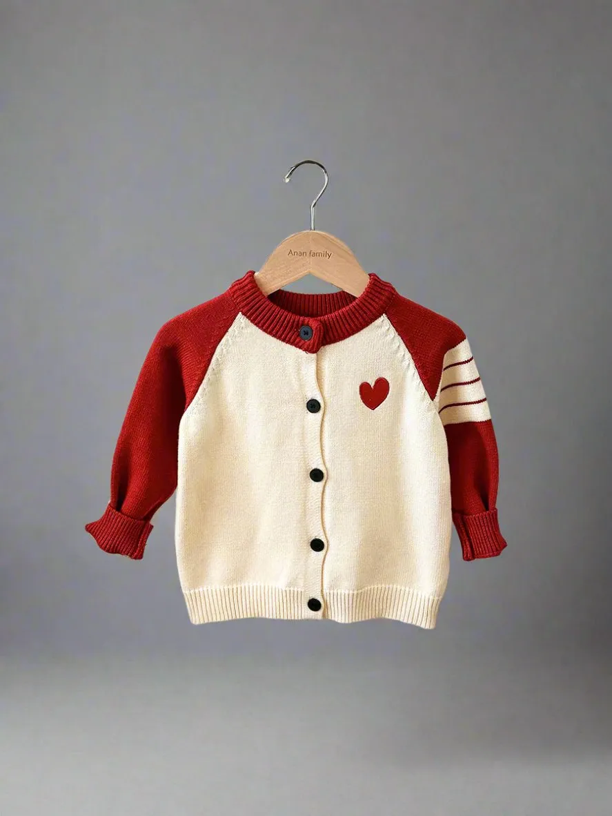Matching Family Heart Embroidery Cardigans  Cream and Red Knit Sweaters for Parents and Kids