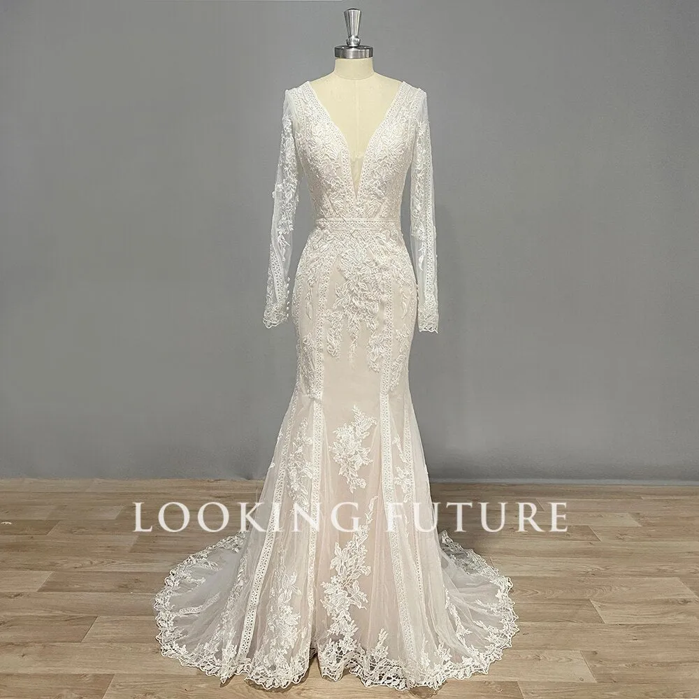 Mermaid Wedding Dress Long Sleeve V-Neck Illusion Back Bridal Gown