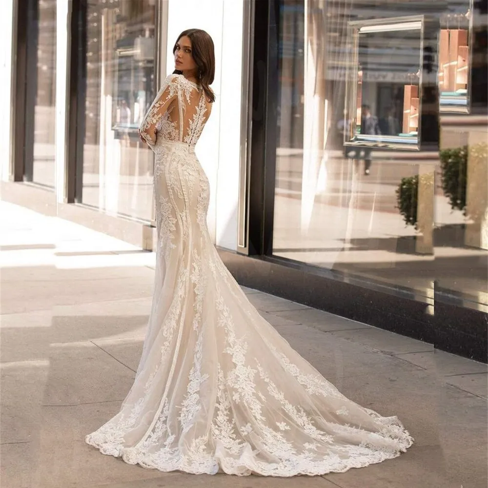 Mermaid Wedding Dress Long Sleeve V-Neck Illusion Back Bridal Gown