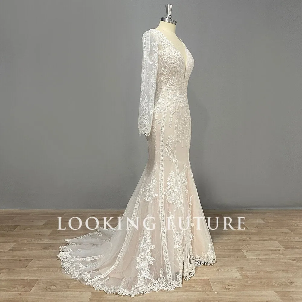 Mermaid Wedding Dress Long Sleeve V-Neck Illusion Back Bridal Gown