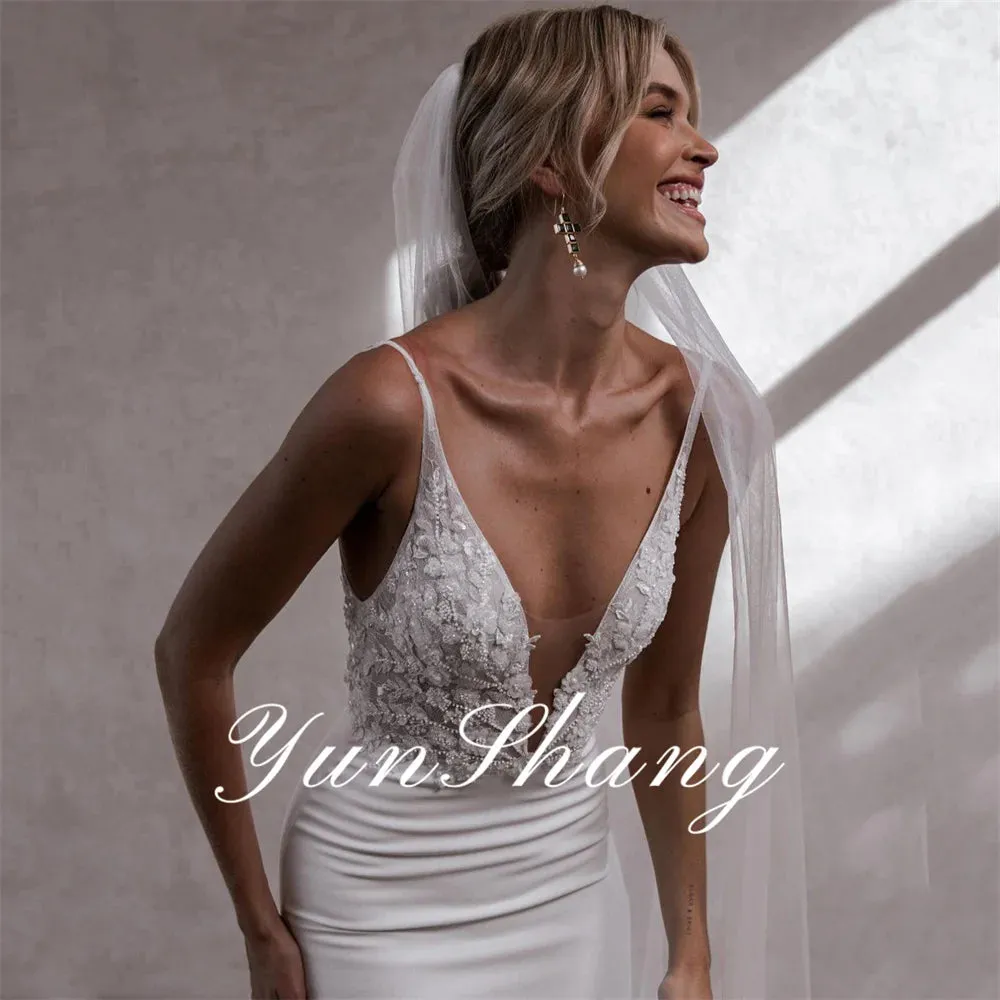 Mermaid Wedding Dresses Lace V-Neck Spaghetti Straps Open Back