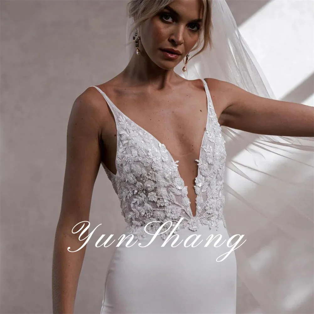 Mermaid Wedding Dresses Lace V-Neck Spaghetti Straps Open Back
