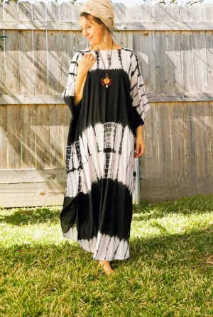 Monochrome Elegance Tie-Dye Kaftan