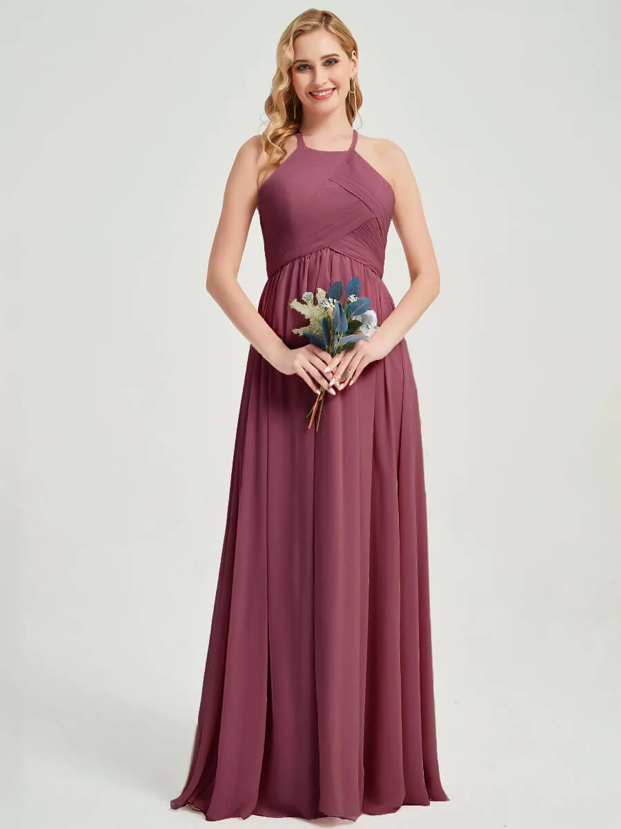 Mulberry Halter Pleated Keyhole Back Chiffon Maxi Bridesmaid Dress